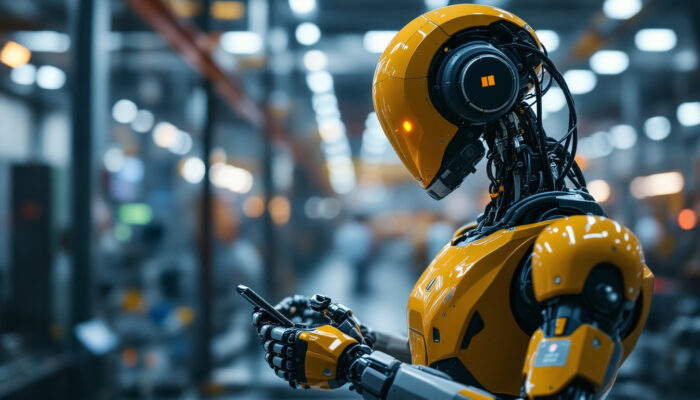 A photograph of a sleek industrial robot in action within a modern manufacturing facility