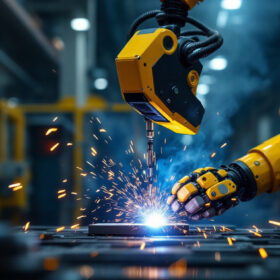 A photograph of a welding robot in action
