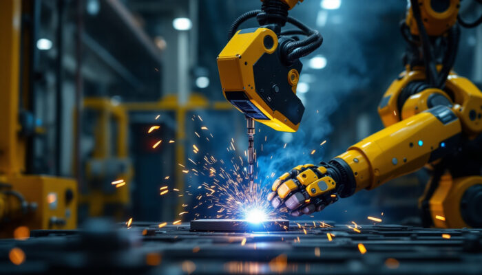 A photograph of a welding robot in action