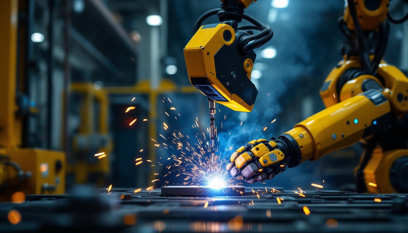 A photograph of a welding robot in action