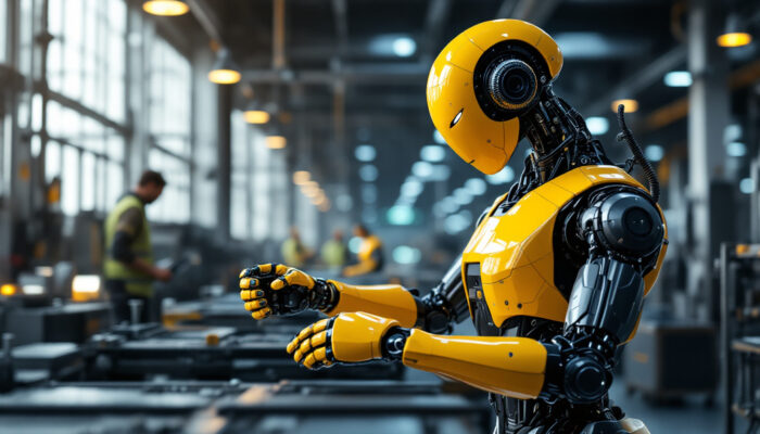 A photograph of a sleek industrial robot in action within a modern manufacturing facility