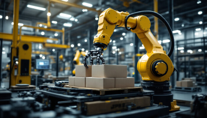 A photograph of a sleek industrial robotic arm in action