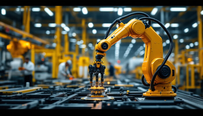 A photograph of a sleek industrial robotic arm in action