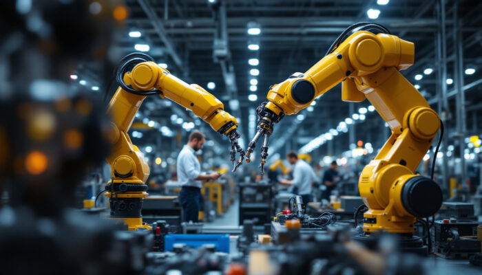 A photograph of a dynamic industrial robotics environment in massachusetts