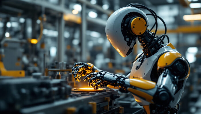 A photograph of a sleek industrial robot in action within a manufacturing environment
