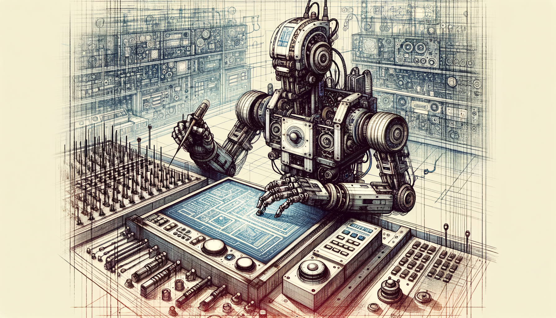 An advanced robotic device interacting with various buttons