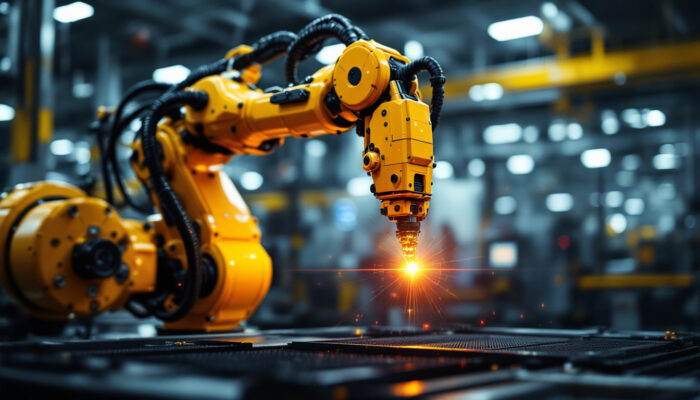 A photograph of a high-tech industrial robotic arm in action