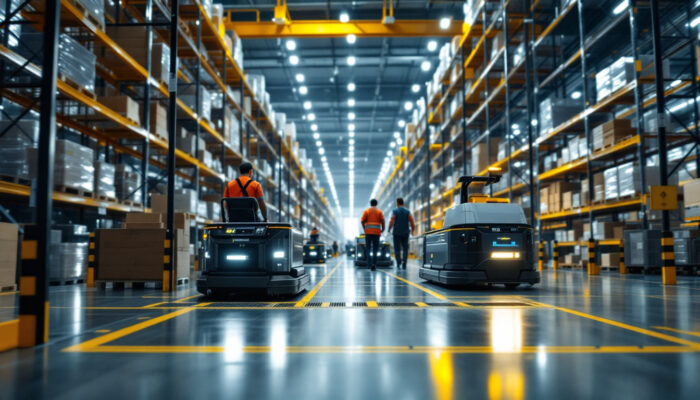A photograph of a modern warehouse environment featuring automated guided vehicles (agvs) in action