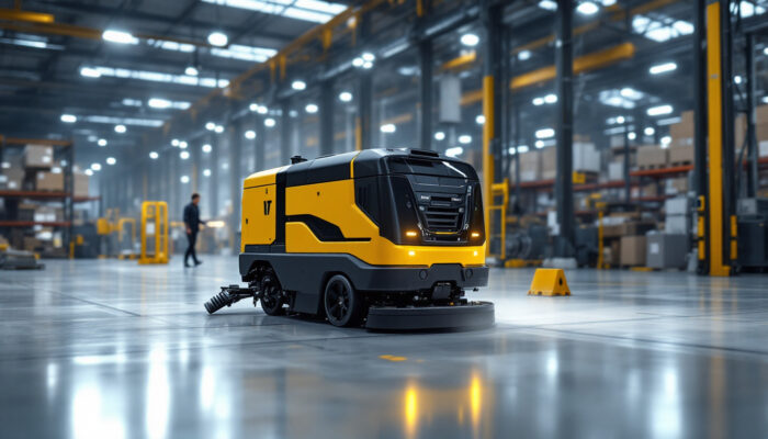 A photograph of an autonomous floor scrubber in action within a large industrial setting