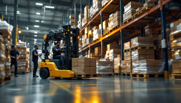 A photograph of a robotic forklift in action within a bustling warehouse environment