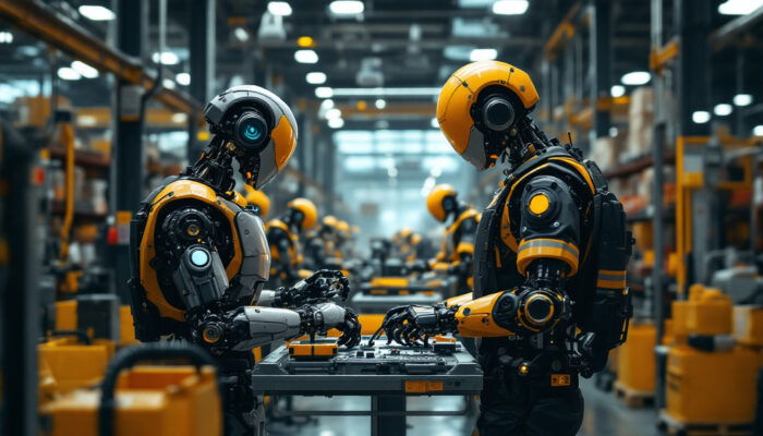 A photograph of a bustling warehouse scene showcasing industrial robots in action