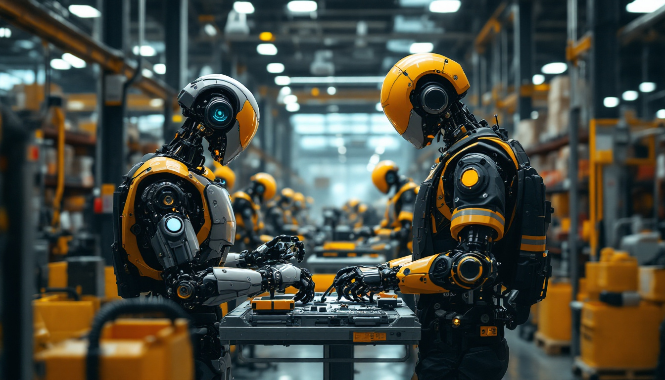 A photograph of a bustling warehouse scene showcasing industrial robots in action