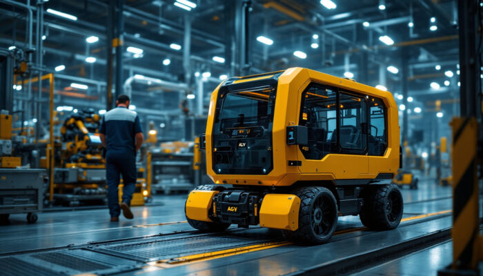 A photograph of capture a photograph of an automated guided vehicle (agv) in action within an industrial setting