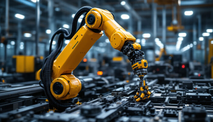A photograph of a sleek industrial robotic arm in action within a modern manufacturing environment