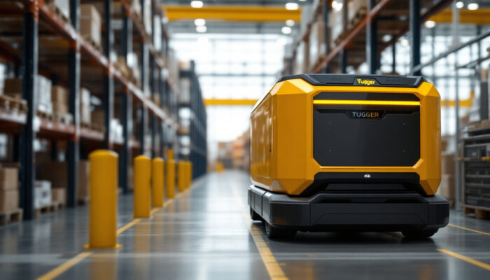 A photograph of a tugger automated guided vehicle in action within an industrial setting