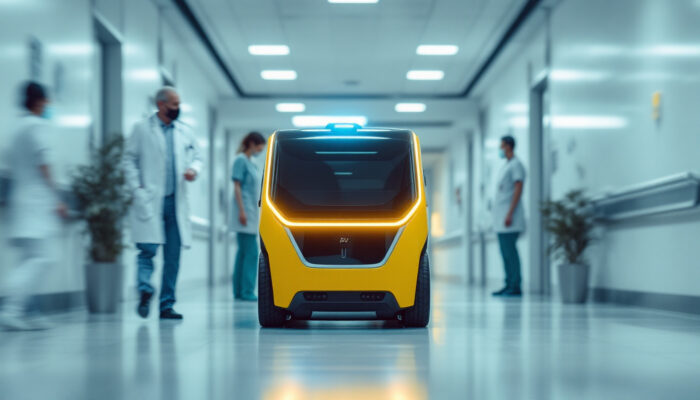 A photograph of capture a photograph of an autonomous guided vehicle (agv) navigating through a hospital corridor