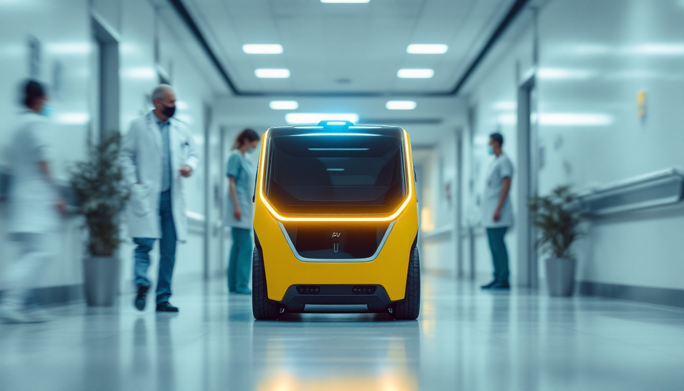 A photograph of capture a photograph of an autonomous guided vehicle (agv) navigating through a hospital corridor