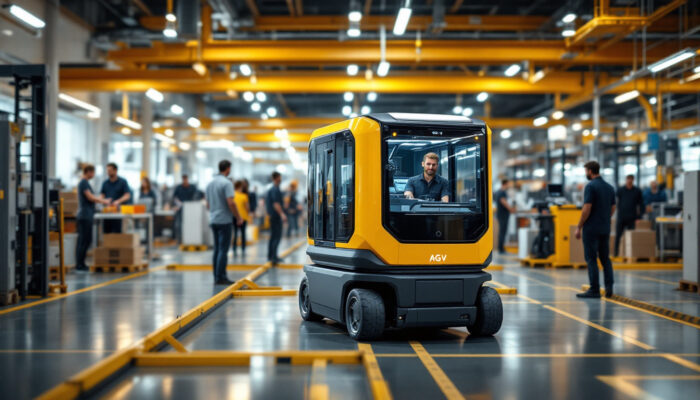 A photograph of a modern industrial setting showcasing an autonomous guided vehicle (agv) in action
