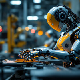 A photograph of a sleek industrial robot in action on a factory floor