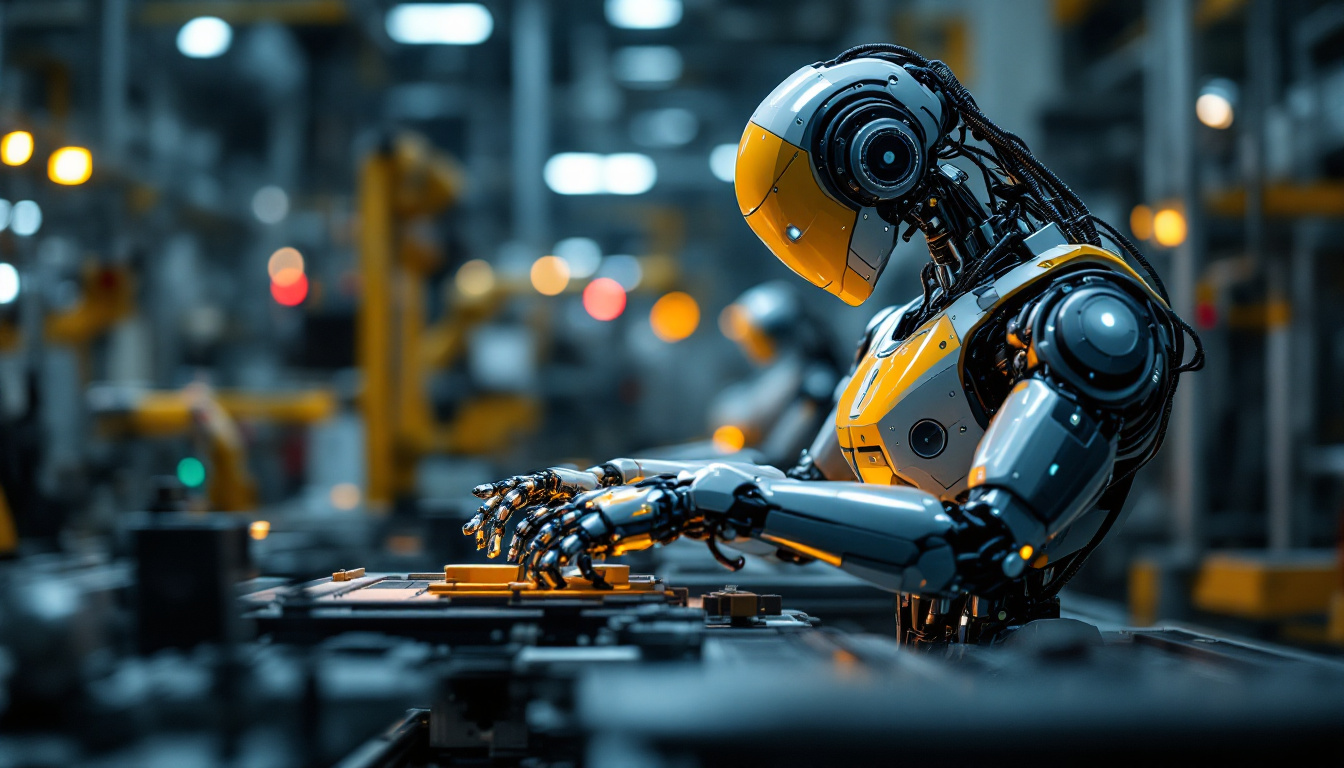A photograph of a sleek industrial robot in action on a factory floor