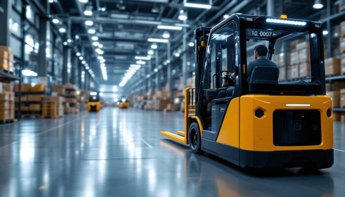 A photograph of a sleek automated guided forklift navigating through a modern warehouse environment