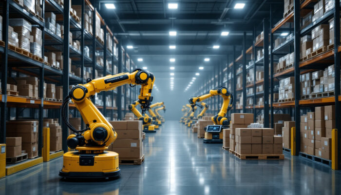 A photograph of a modern warehouse setting showcasing industrial robots in action