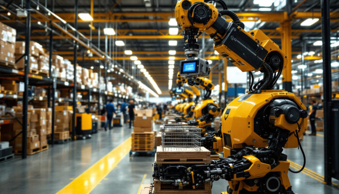 A photograph of a bustling amazon warehouse showcasing advanced robotic systems in action