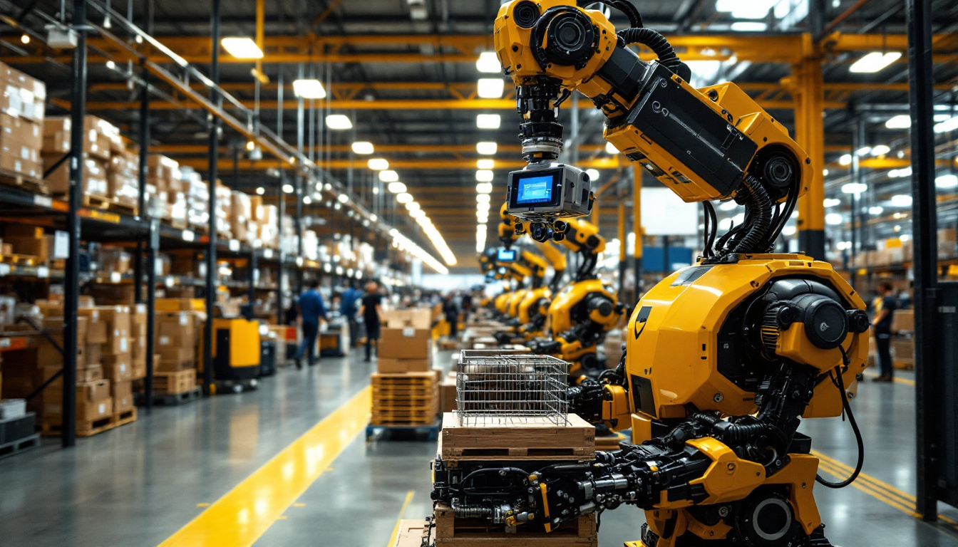 A photograph of a bustling amazon warehouse showcasing advanced robotic systems in action