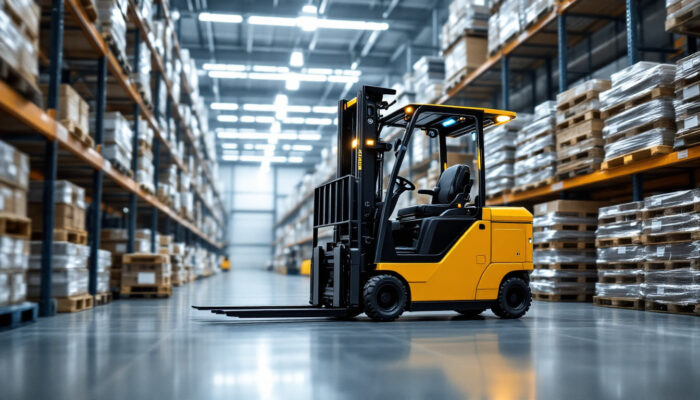 A photograph of a sleek automated forklift robot in action within a modern warehouse setting