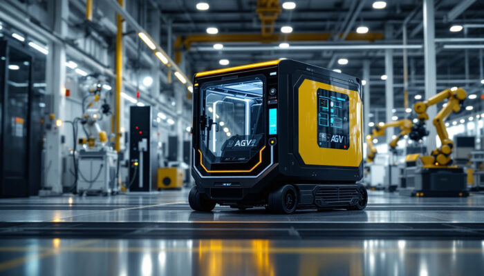 A photograph of a sleek industrial setting showcasing an automated guided vehicle (agv) in the process of charging