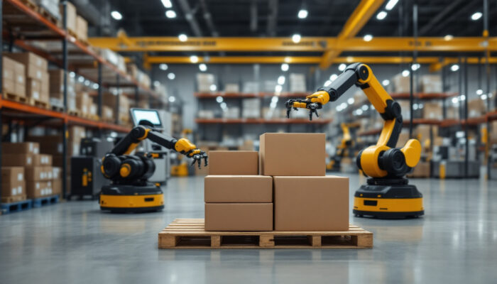 A photograph of a sleek warehouse environment featuring advanced automation robots in action