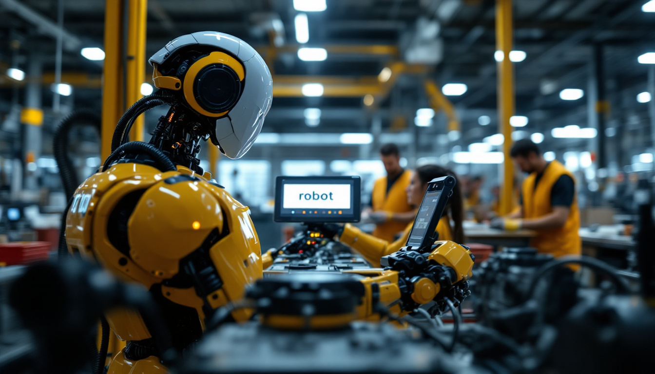 A photograph of a sleek industrial robot in action within a manufacturing setting