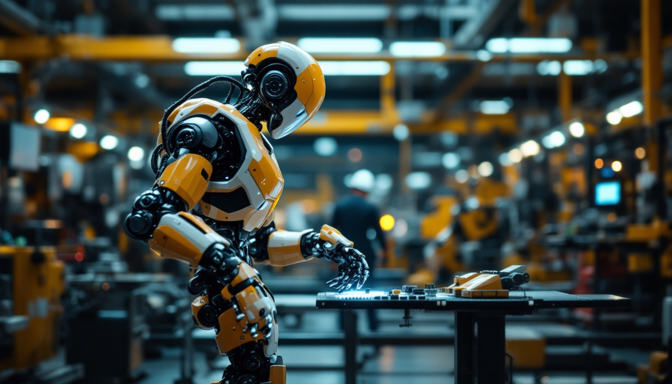 A photograph of a sleek articulated robot in an industrial setting