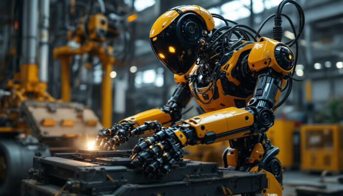 A photograph of a quadraped robot in action within an industrial setting