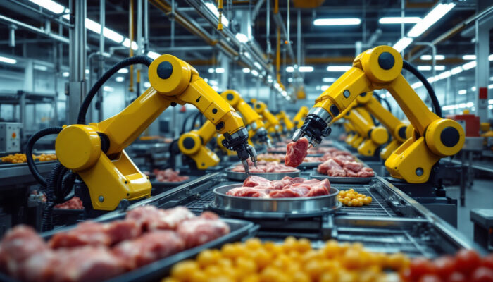 A photograph of a high-tech automated meat processing facility