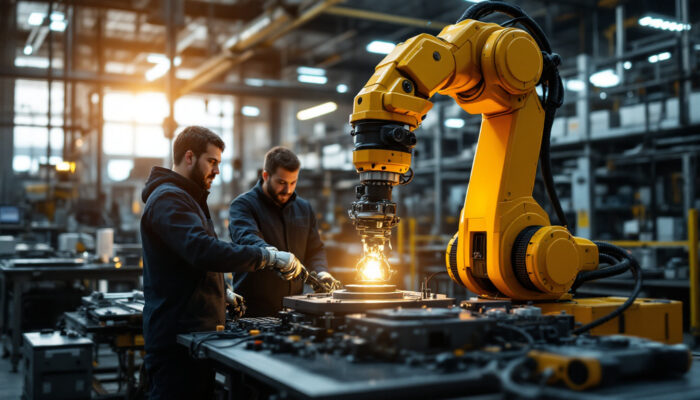 A photograph of a modern industrial robotics facility in chicago