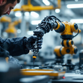 A photograph of a skilled technician meticulously testing and debugging an industrial robotic arm in a modern workshop