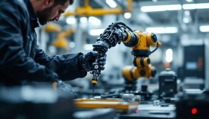 A photograph of a skilled technician meticulously testing and debugging an industrial robotic arm in a modern workshop