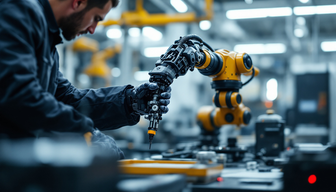 A photograph of a skilled technician meticulously testing and debugging an industrial robotic arm in a modern workshop