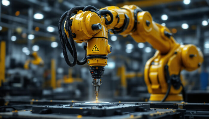 A photograph of a robotic arm in an industrial setting