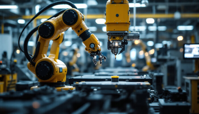 A photograph of a robotic arm efficiently tending to a machine in an industrial setting