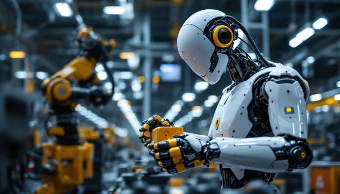 A photograph of a sleek industrial robot in action within a modern manufacturing environment