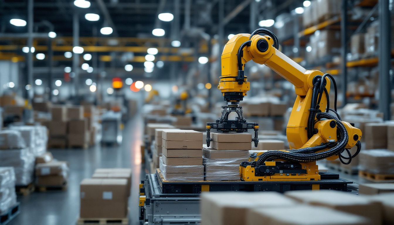 A photograph of a modern industrial robot efficiently palletizing products in a busy warehouse setting
