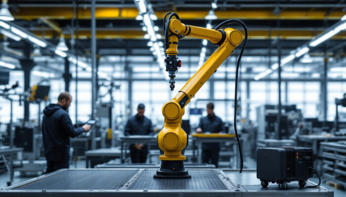 A photograph of capture a photograph of the universal robots ur20e in action within an industrial setting