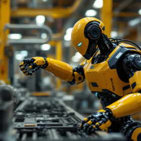 A photograph of a boston dynamics robot in action within an industrial setting