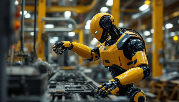 A photograph of a boston dynamics robot in action within an industrial setting