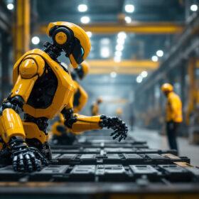 A photograph of a boston dynamics robot in action within an industrial setting
