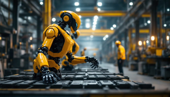 A photograph of a boston dynamics robot in action within an industrial setting
