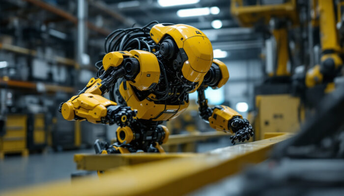 A photograph of capture a photograph of a boston dynamics robot in action within an industrial setting in waltham