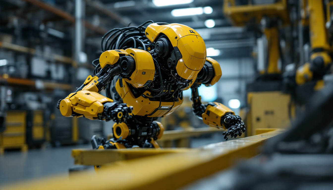 A photograph of capture a photograph of a boston dynamics robot in action within an industrial setting in waltham